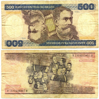 БРАЗИЛИЯ 500 КРУЗЕЙРО 1981 СЕРИЯ А 1309, ДЕОДОРУ ДА ФОНСЕКА ПЕРВЫЙ ПРЕЗИДЕНТ БРАЗИЛИИ Pick 200a бумага 6318-7-3-1