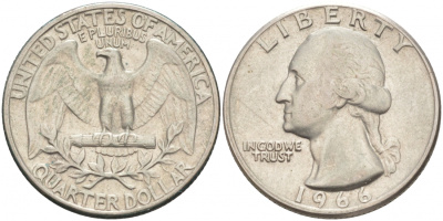 США 25 центов (квотер) 1966 Вашингтон KM 164a медь плакированная медно-никелем 73-316