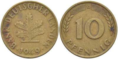 ФРГ 10 пфеннигов 1949 G KM 103, J.378 сталь плакированная латунью 219-1043