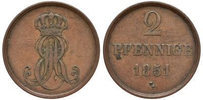 Ганновер 2 пфеннига 1851 B, Эрнст Август (1837-1851) KM 202.1, AKS 124, J. 75 медь 75-1954