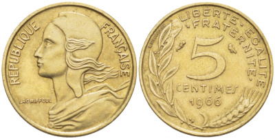 ФРАНЦИЯ 5 САНТИМОВ 1966 ТИП MARIANNE KM 933, LE FRANC 125.2 алюминиевая бронза 112-824
