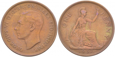 Великобритания 1 пенни 1937 Георг VI (1936-1952) KM 845, Spink 4114 бронза 4403-644