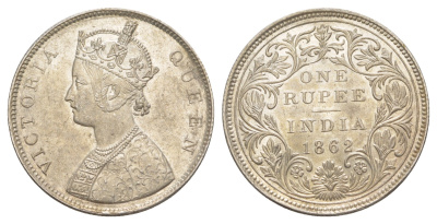 Британская Индия 1 рупия 1862 Виктория (1837-1901) KM 473 серебро aUNC 1517-443