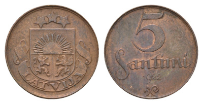 Латвия 5 сантимов 1922 KM 3 бронза 4689-955