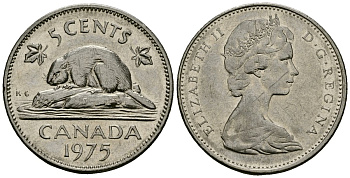 Канада 5 центов 1975 Елизавета II (1952-2022), бобр KM 60.1 никель 4167-855