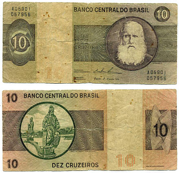 БРАЗИЛИЯ 10 КРУЗЕЙРО 1974 СЕРИЯ А 05901, ПОДПИСЬ 18 Pick 193b бумага 8612-16-2-2