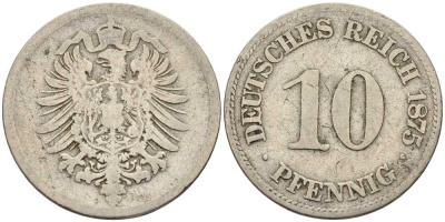 ГЕРМАНИЯ 10 ПФЕННИГОВ 1875 D, СТАРОГЕРБОВКА KM 4, J. 4 медно-никель 4401-247