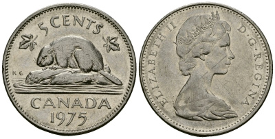 Канада 5 центов 1975 Елизавета II (1952-2022), бобр KM 60.1 никель 4167-855