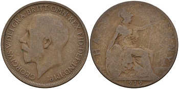 Великобритания 1/2 пенни 1919 Георг V (1910-1936) KM 809, Spink 4056 бронза 4146-137