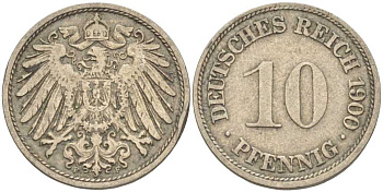 ГЕРМАНИЯ 10 ПФЕННИГОВ 1900 F KM 12, J. 13 медно-никель 4401-1222