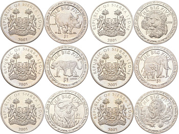 Сьерра-Леоне полный набор из 6 монет (1 доллар) 2001 Большая африканская пятерка - Носорог, Лев, Леопард, Слон и Африканский буйвол KM 222, 225, 228, 231, 234 и 237 медно-никель BU M21-21
