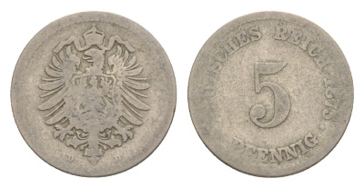 Германия 5 пфеннигов 1875 D, Вильгельм I (1871-1888) KM 3, J. 3, Weege 5 медно-никель 4639-1245