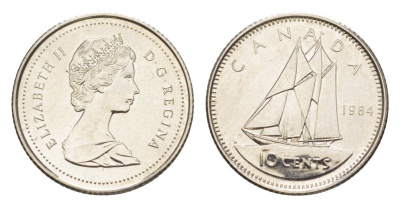 Канада 10 центов 1984 Елизавета II (1952-2022), парусник KM 77 никель UNC 4639-646