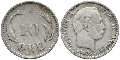 ДАНИЯ 10 ЭРЕ 1889 C; S, КРИСТИАН IX (1863-1906) KM 795.1 серебро 4380-1114