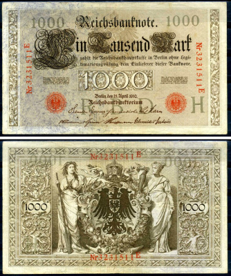 Германия 1000 марок 1910 21 апреля 1910, красная печать, номер семизначный, серия E, буква H, выпуск АПРЕЛЬ - ИЮЛЬ 1918 Pick 44 b бумага 2194-40-1-1
