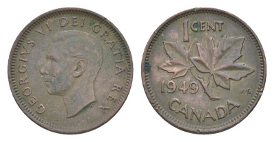 Канада 1 цент 1949 Георг VI (1936-1952), кленовый лист KM 41 бронза 4630-524