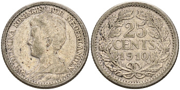 Нидерланды 25 центов 1910 Вильгельмина (1890-1948), редкая KM 146 серебро 4576-755