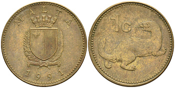 Мальта 1 цент 1991 ласка, горностай KM 93 никель латунь 4585-1166