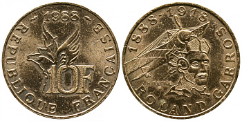 Франция 10 франков 1988 100 лет со дня рождения Ролан Гарроса (1888-1918) KM 965 алюминиевая бронза 413-2715