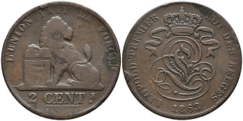 БЕЛЬГИЯ 2 САНТИМА 1863 BELGES KM 4.2 медь 95-717