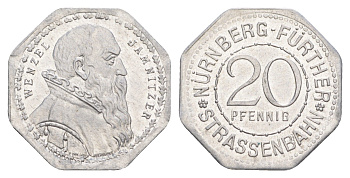 Нюрнберг трамвайный (транспортный) жетон в 20 пфеннигов ND (1920-1921) Венцель Ямницер Men05 19256.45, Men18 24102.45, Eklund 1247 алюминий UNC 3459-521
