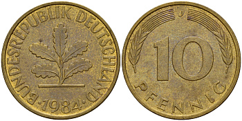 ФРГ 10 пфеннигов 1984 J J. 383, KM 108 сталь плакированная латунью    4603-534