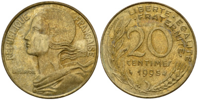Франция 20 сантимов 1995 тип Marianne KM 930, Le Franc 156.39 медь алюминий никель  4393-1145