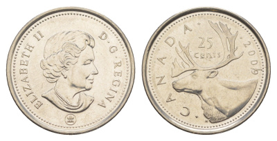 Канада 25 центов 2009 Leaf, Елизавета II (1952-2022), олень KM 493 сталь плакированная никелем UNC 4637-844