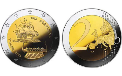 Португалия 2 евро 2015 500 лет первому контакту с Тимором, парусник KM 849 биметалл UNC M46-07
