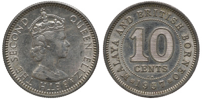 Малайя и Британское Борнео 10 центов 1957 KN, Елизавета II (1952-2022) KM 2 медно-никель 192-869