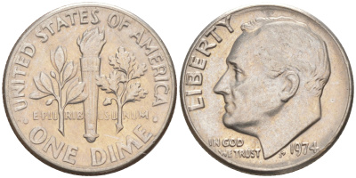 США 10 центов (дайм) 1974 Франклин Рузвельт KM 195a медь плакированная медно-никелем 187-1052