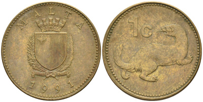 Мальта 1 цент 1991 ласка, горностай KM 93 никель латунь 4585-1166