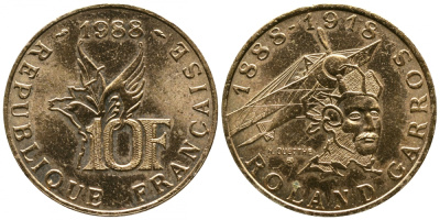 Франция 10 франков 1988 100 лет со дня рождения Ролан Гарроса (1888-1918) KM 965 алюминиевая бронза 413-2715