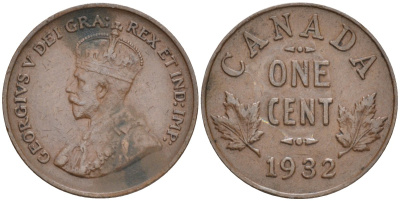 Канада 1 цент 1932 Георг V (1910-1936) KM 28 бронза 192-323