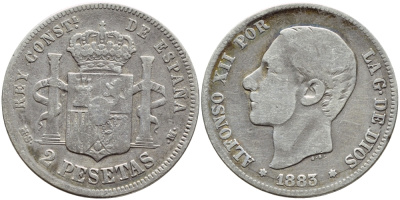 ИСПАНИЯ 2 ПЕСЕТЫ 1883 MS-M, АЛЬФОНСО XII KM 678 серебро 443-634