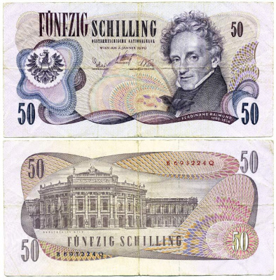 АВСТРИЯ 50 ШИЛЛИНГОВ 1972 2 ЯНВАРЯ 1970, ФЕРДИНАНД РАЙМУНД Pick 143а бумага 7207-15-3