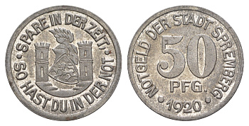 Шпремберг 50 пфеннигов 1920 Funck 514.3, Men05 23830.3, Men18 29804.3 железо UNC 1526-842