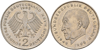 ФРГ 2 марки 1985 F, Конрад Аденауэр KM 124, J. 406 медно-никель 4159-1244