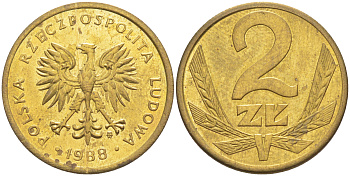Польша 2 злотых 1988 MW KM 80.2, Parchimowicz 218c латунь 187-955