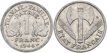 Франция 1 франк 1944 LB, тип Lourde, правительство Виши KM 902.1 алюминий 4142-943