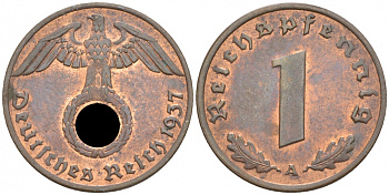 ГЕРМАНИЯ 1 РЕЙХСПФЕННИГ 1937 A J 361, KM 89 бронза aUNC 73-229