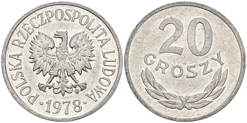 ПОЛЬША 20 ГРОШЕЙ 1978 MW KM A47 алюминий XF 188-758