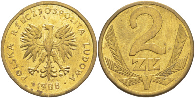 Польша 2 злотых 1988 MW KM 80.2, Parchimowicz 218c латунь 187-955