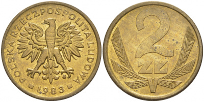 ПОЛЬША 2 ЗЛОТЫХ 1983 MW KM 80.1 латунь UNC 4532-121