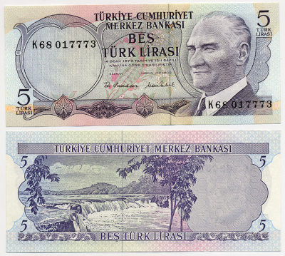 ТУРЦИЯ 5 ЛИР 1976 ПРЕЗИДЕНТ КЕМАЛЬ АТАТЮРК, МАНАВГАТ ВОДОПАД В АНТАЛИИ Pick 185 бумага UNC (ПРЕСС) 7485-34-2