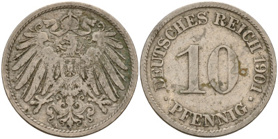 Германия 10 пфеннигов 1901 A J. 13,  KM 12 медно-никель    4603-613