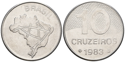 Бразилия 10 крузейро 1983 карта Бразилии KM 592.1 нержавеющая сталь 87-545