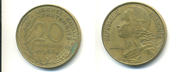ФРАНЦИЯ 20 САНТИМОВ 1964 ТИП MARIANNE KM 930, LE FRANC 156.4 алюминиевая бронза 83-322