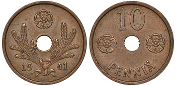 Финляндия 10 пенни 1941 KM 33.1 медь 51-3542