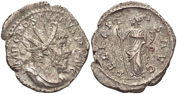 Римская Империя (императоры в Галлии) антониниан 260 - 269 Постум. IMP C POSTVMVS P F AVG / FELICITAS AVG, Фелицитата с кадуцием и рогом Изобилия, Колония Агриппины, Good Very fine RIC 58 биллон 1073-13-14